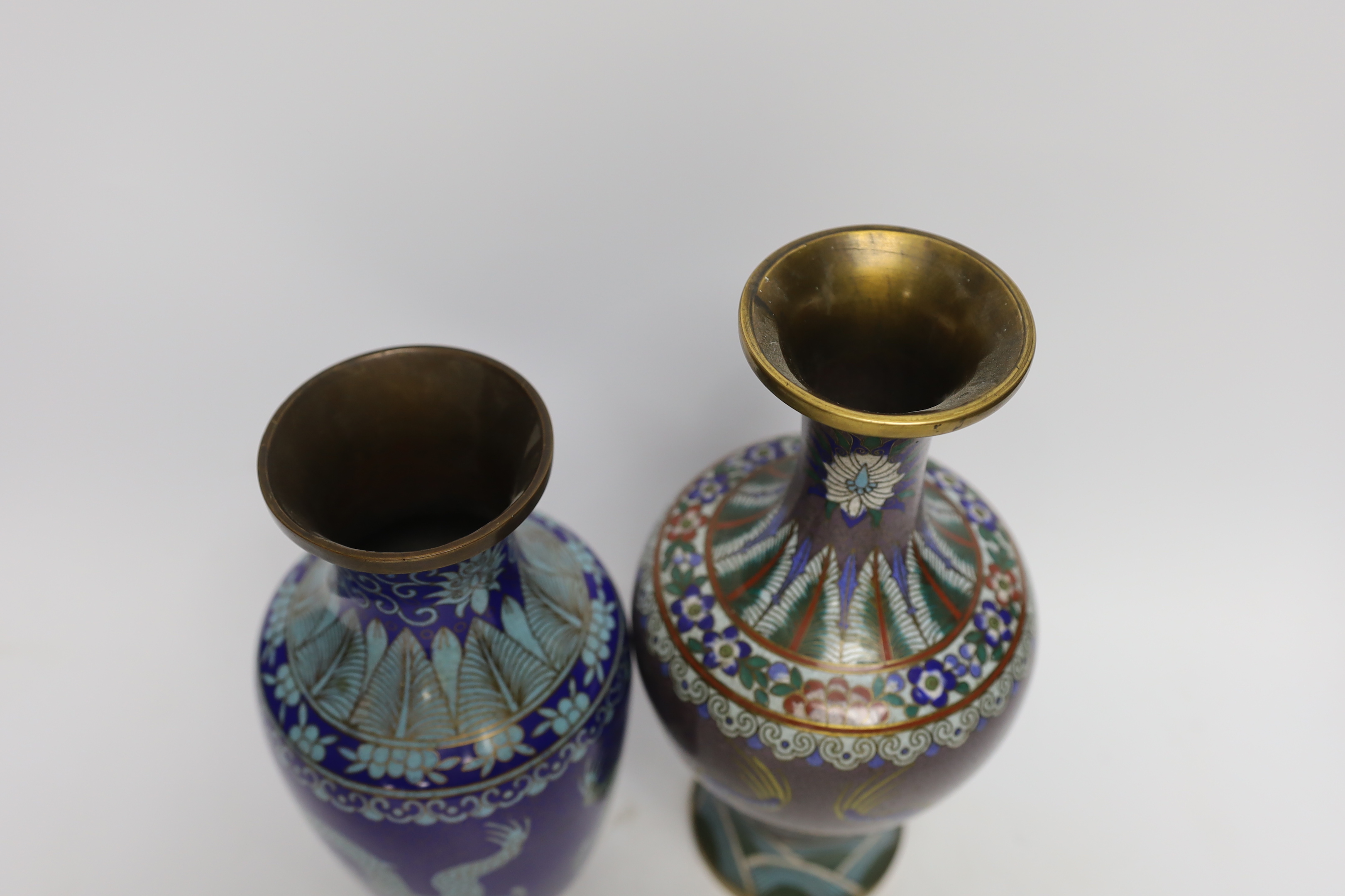Two Chinese cloisonné enamel ‘dragon’ vases, tallest 27cm